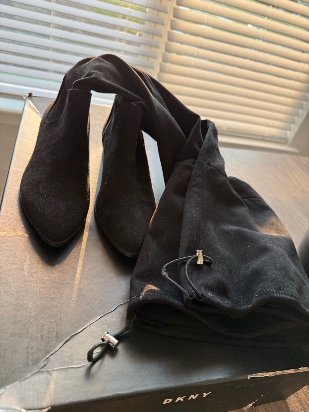 DKNY Black Over-the-Knee Suede Boots with Pointed Toe